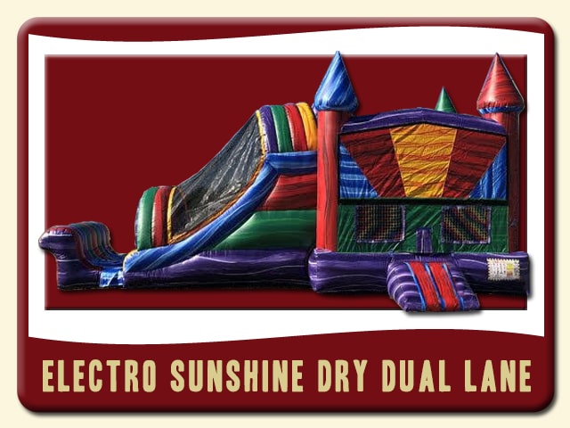 Electro Sunshine Dual Lane Dry Slide & Bounce House Combo Rental Red, Purple, Yellow, Orange, Blue and Green