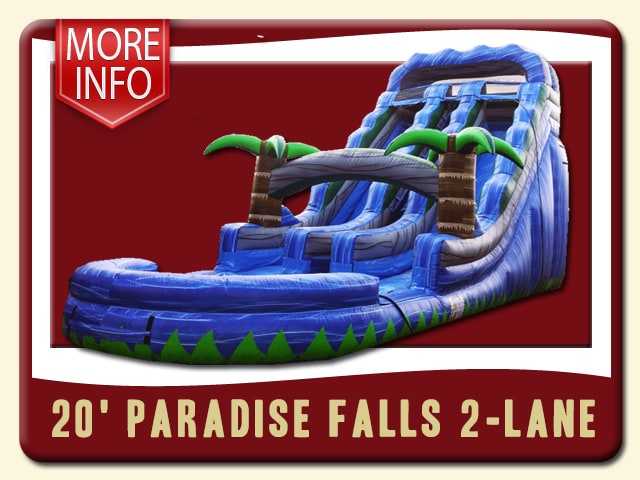 20' Paradise Falls with 2-Lanes inflatable water slide & pool. 3d palm trees, blue waterfall look - More Info