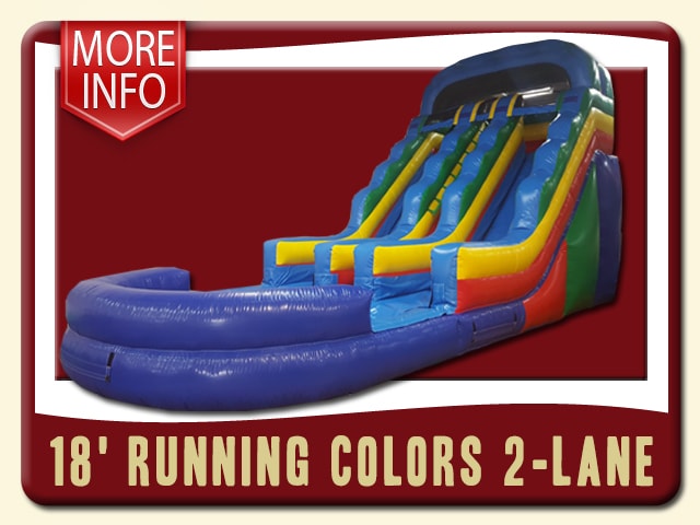 18' Running Colors 2-Lane inflatable water slide & pool. Bright blue, purple, green, red & yellow - More Info