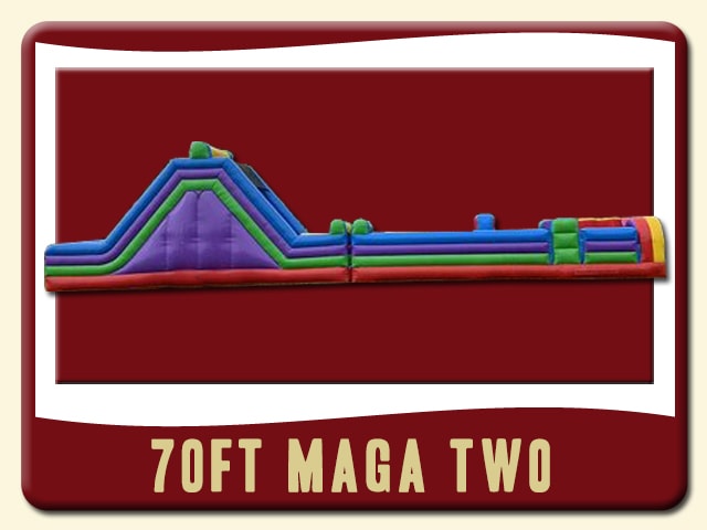 70' Mega 2 Obstacle Course challenge inflatable rental- red, green, purple, yellow, and blue