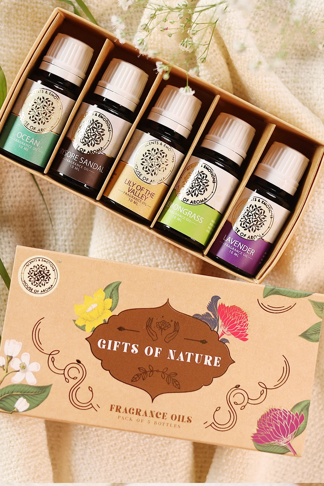 Set of 5 Fragrance Oils Gift Set, gift hamper, synthetic fragrance oils, raksha bandhan gift to sister, gifting ideas for women, mother's day gift ideas, HOA